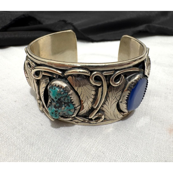Large Southwestern Cuff Bracelet Nickel Silver Multi Stones Turquoise Chunky Vtg - Picture 4 of 12